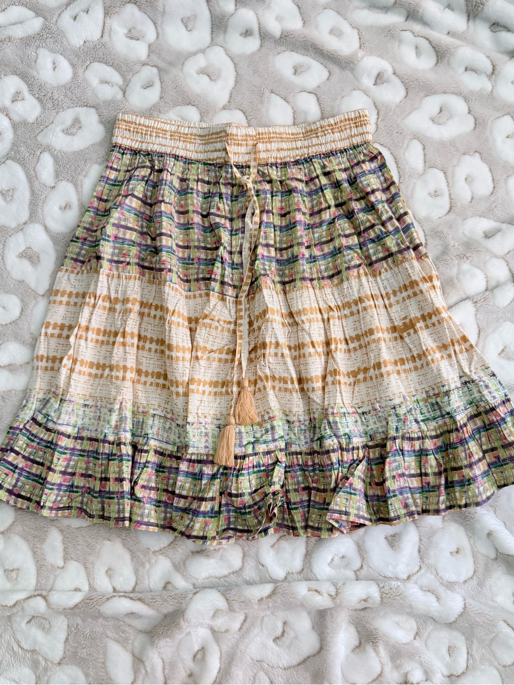 RAGA Cream Tiered Skirt with Multicolor Plaid Trim Sz S NWT E11
